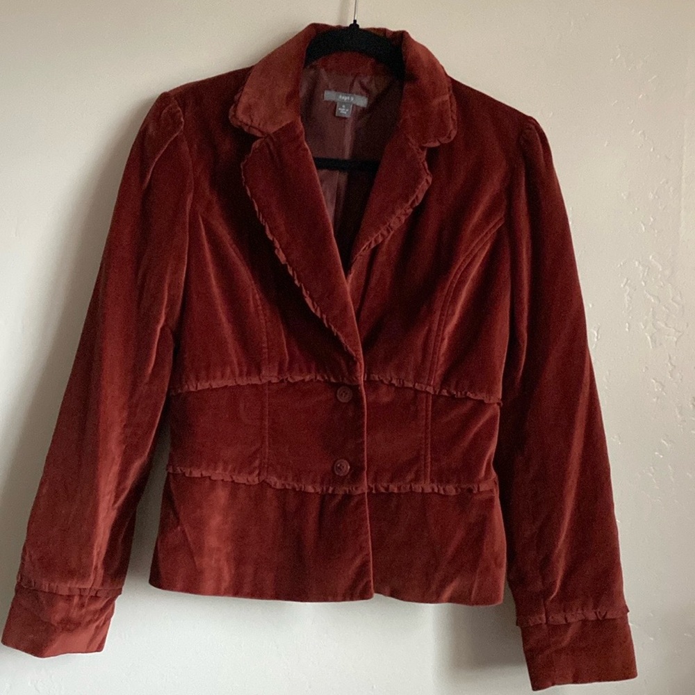 Apt. 9 Jackets & Coats Copper Ruffle Blazer Jacket Color: Brown/Orange Size: 6